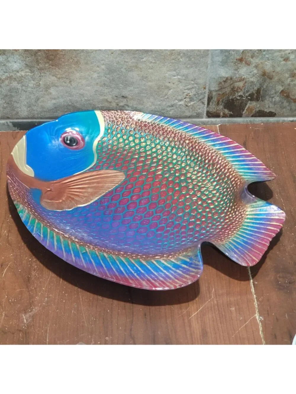 Iridescent Glass Parrotfish Decorative Tray Signed SOIF CD Mathis Large Serving